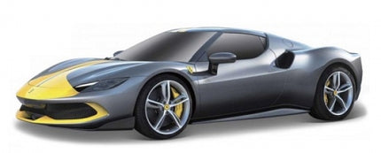 1:18 scale diecast model car, grey with yellow stripe, sports coupe design
