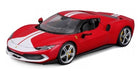 Red diecast Ferrari model car with white racing stripes in 1:18 scale, detailed exterior.