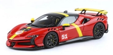 Red 1:18 scale diecast model sports car with yellow racing stripes and number 51 detailing