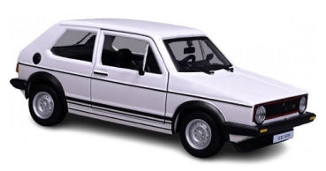 White diecast model car, 3-door hatchback, detailed wheels, 1:18 scale collectible.