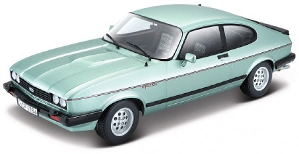 Mint green diecast model car, classic coupe, detailed wheels and black racing stripe, 1:18 scale.
