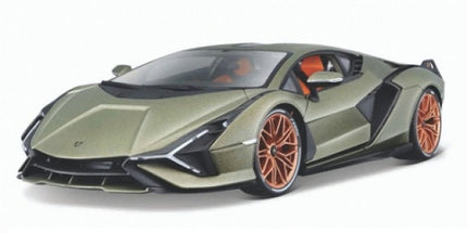 Green diecast model sports car with bronze wheels, 1:18 scale, detailed interior