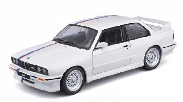 White diecast model car with racing stripes, sports coupe design, detailed wheels, 1:18 scale