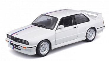 White diecast model car in 1:18 scale with racing stripes and detailed wheels