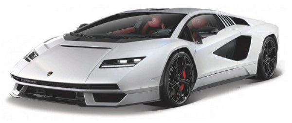 White diecast model sports car in 1:18 scale with black wheels and red interior