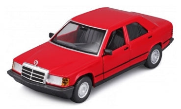 Red diecast model car in 1:24 scale, classic four-door sedan with detailed exterior