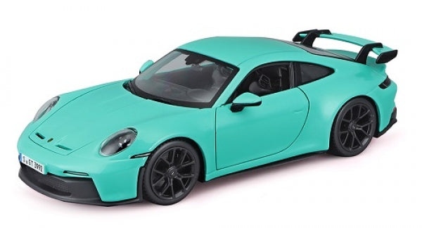 1:18 scale turquoise Porsche 911 GT3 diecast model car with black wheels and rear wing