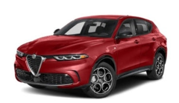 Red diecast model SUV car with detailed exterior and alloy wheels on a white background.