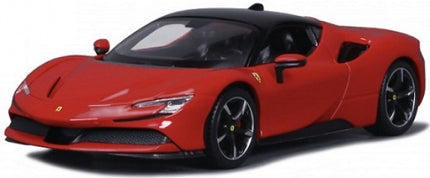 Red diecast Ferrari model car 1:18 scale, detailed wheels and headlights, black roof