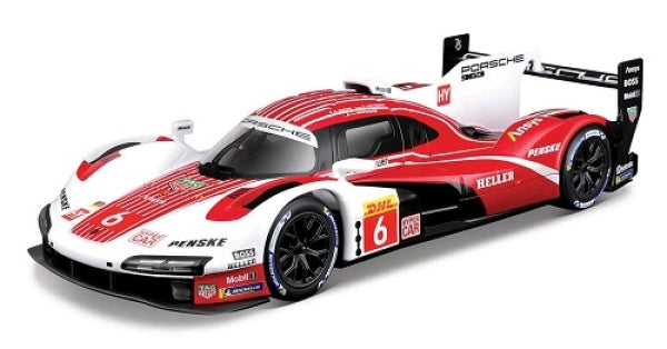 1:18 scale Porsche race car diecast model in red, white, and black with detailed decals.