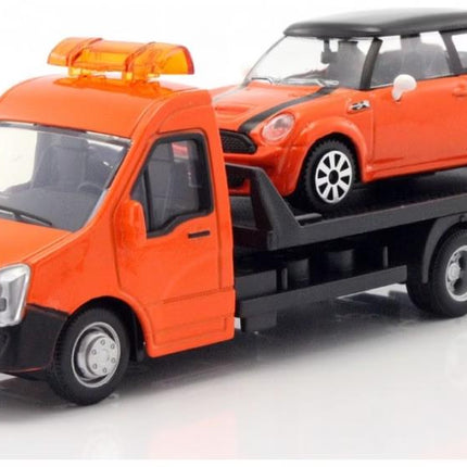 Bburago Mini Cooper S Tow Truck Orange 1:43 Diecast Model with Custom Plates