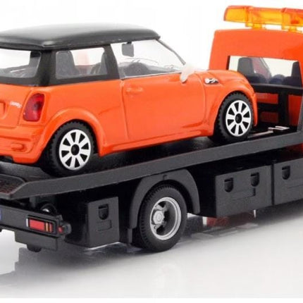 Bburago Mini Cooper S Tow Truck Orange 1:43 Diecast Model with Custom Plates