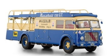 Blue and beige vintage Maserati team transporter diecast model car, detailed 1:18 scale