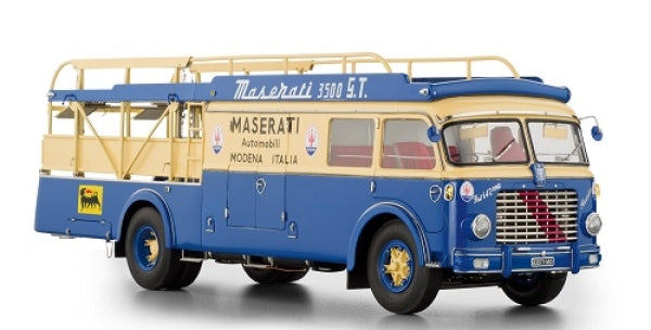 Diecast model of classic Maserati 3500 S.T. race car transporter in blue and beige, 1:18 scale