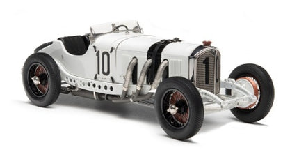 White vintage race car diecast model with number 10, open cockpit, and detailed wheels