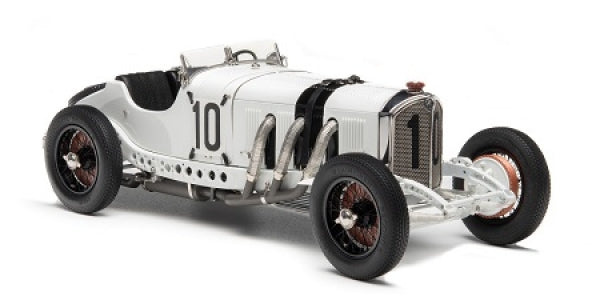 White vintage race car diecast model with number 10, open cockpit, and detailed wheels