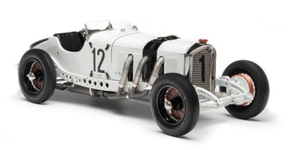 White vintage race car diecast model in 1:18 scale, number 12, classic design