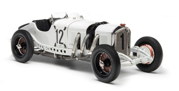 White vintage race car diecast model in 1:18 scale, number 12, classic design