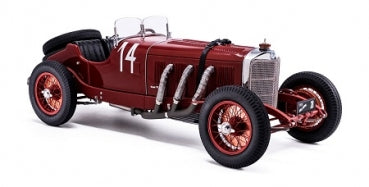 Red vintage race car diecast model with number 14, detailed wire wheels, and exposed engine pipes.