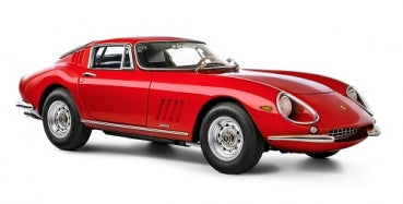 Red diecast classic sports car 1:18 scale model with chrome detailing, isolated on white background