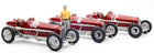 Red diecast vintage race cars lineup with figurine, 1:18 scale collectible model cars