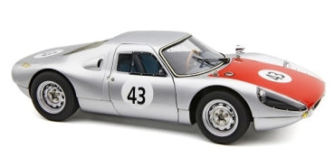 1:18 scale silver diecast Porsche model car with red hood, racing number 43, classic design