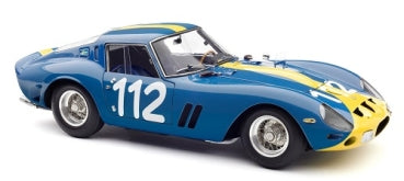 Blue 1:18 scale diecast model race car with yellow stripes and number 112 on doors