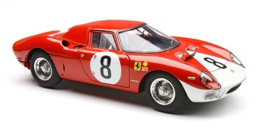 Red and white diecast model race car with number 8 on doors and hood, 1:18 scale collectible.