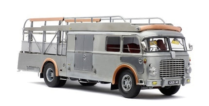 Diecast model vintage bus in silver with brown accents, detailed 1:18 scale collectible vehicle