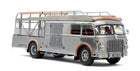 Diecast model vintage bus in silver with brown accents, detailed 1:18 scale collectible vehicle