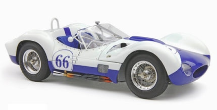 1:18 scale diecast model of a vintage white and blue racing car with number 66 detail