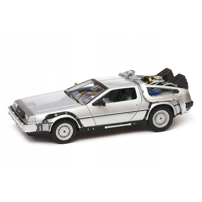 DeLorean DMC-12 Time Machine Back to the Future Part I 1985 Brushed Stainless Steel Welly 1:24 22443W Diecast Model with Custom Plates