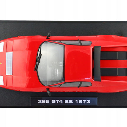1:18 scale red Ferrari 365 GT4 BB diecast model car top view on display base