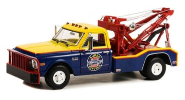 1:18 scale diecast model tow truck with blue and yellow body and Super Service logo