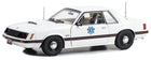 1:18 scale white diecast police car model with blue badge and black trim detailing