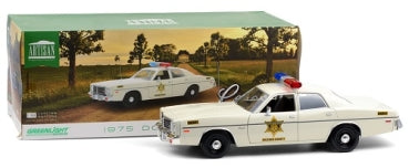 1:18 scale 1975 Dodge Monaco police car diecast model with display box, white with sheriff badge
