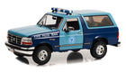 1:18 scale diecast blue Ford Bronco state police model car with roof lights and detailed decals