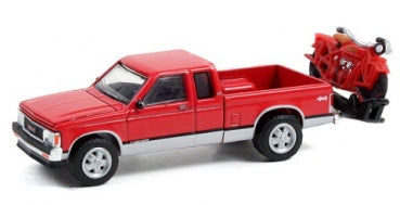 Red diecast pickup truck model with motorcycle trailer, 1:24 scale collectible vehicle