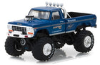 Blue diecast model monster truck with large tires and chrome engine details