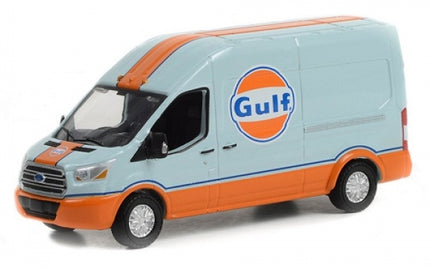 1:43 scale diecast Ford Transit van in Gulf livery, light blue and orange model car.