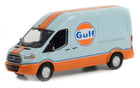 1:43 scale diecast Ford Transit van in Gulf livery, light blue and orange model car.