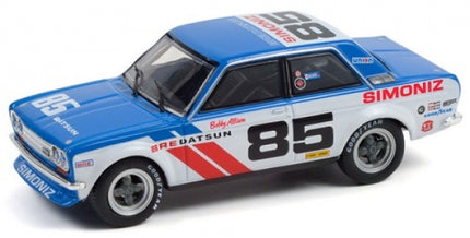 Blue and white diecast model Datsun race car with number 85 and racing decals, 1:18 scale