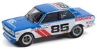 Blue and white diecast model Datsun race car with number 85 and racing decals, 1:18 scale
