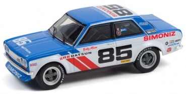 1:18 scale diecast Datsun 510 racing car, blue and white with number 85 and racing decals