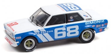 1:18 scale diecast model of a white and blue classic Datsun race car with number 68 livery
