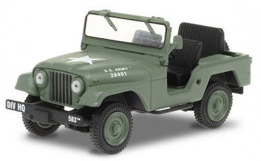 1:18 scale diecast model green military Jeep with U.S. Army markings, open top, black seats
