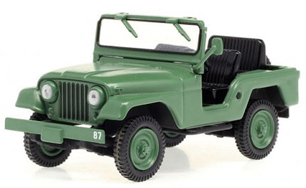 Green diecast model Jeep with open top and detailed interior, 1:18 scale collectible car