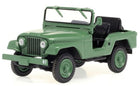 Green diecast model Jeep with open top and detailed interior, 1:18 scale collectible car