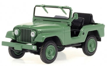 Green diecast model military jeep with open top and black interior on white background