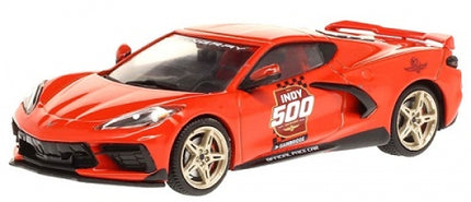 Red diecast model car with Indy 500 decals, gold wheels, 1:18 scale collectible.